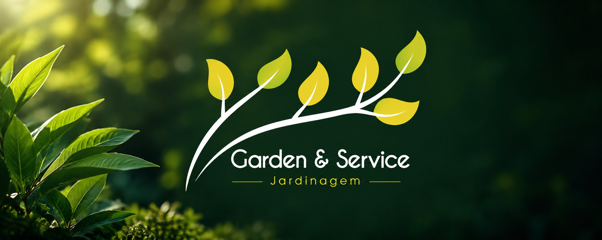 Folhagem verde iluminada pelo sol com a marca Garden & Service Jardinagem